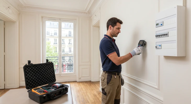Professionnel en combinaison de protection blanche et gants bleus effectue des mesures avec un mètre ruban sur plancher en bois