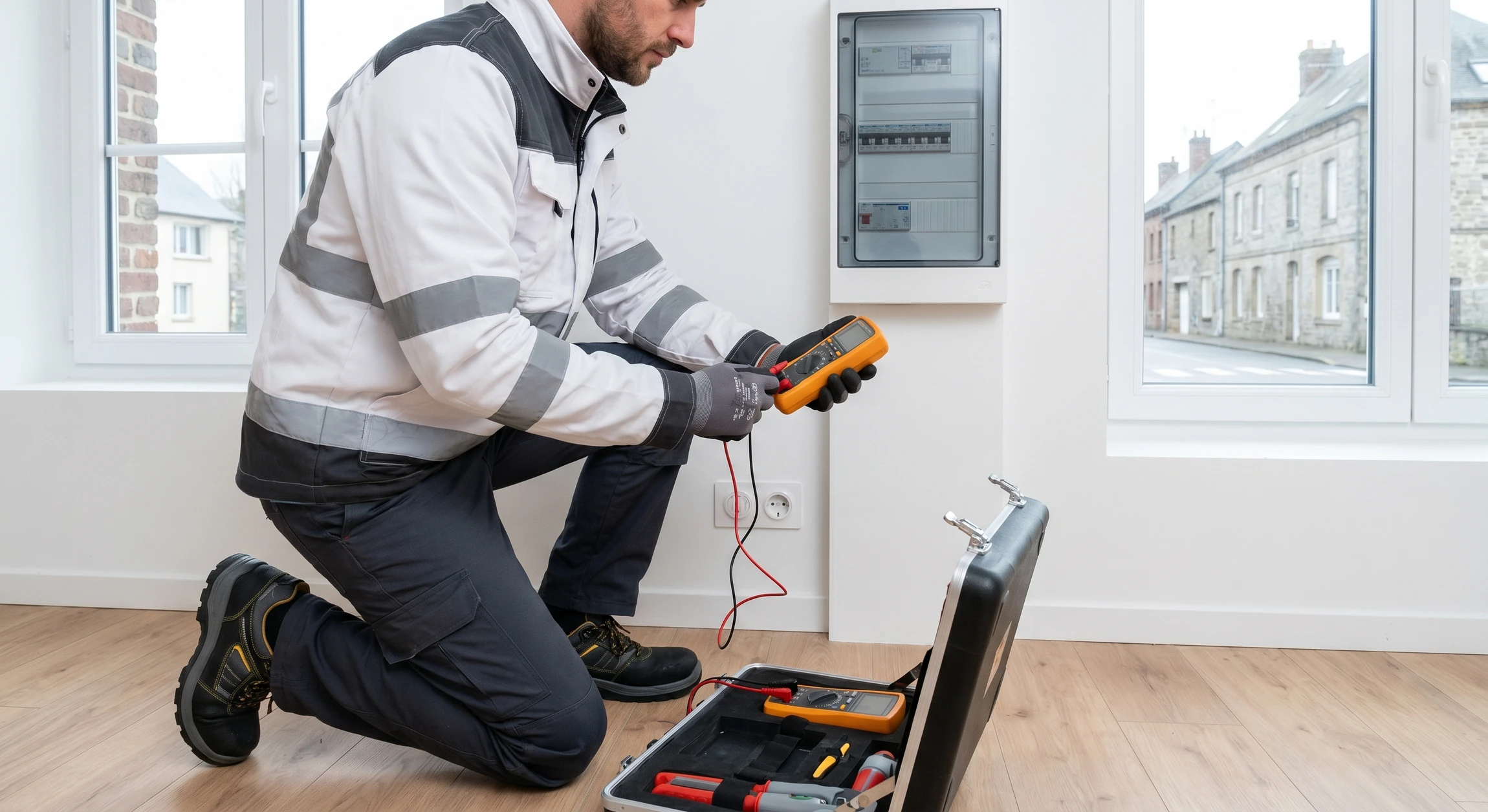 Un électricien travaille sur un tableau électrique domestique, utilisant un multimètre orange pour effectuer des mesures