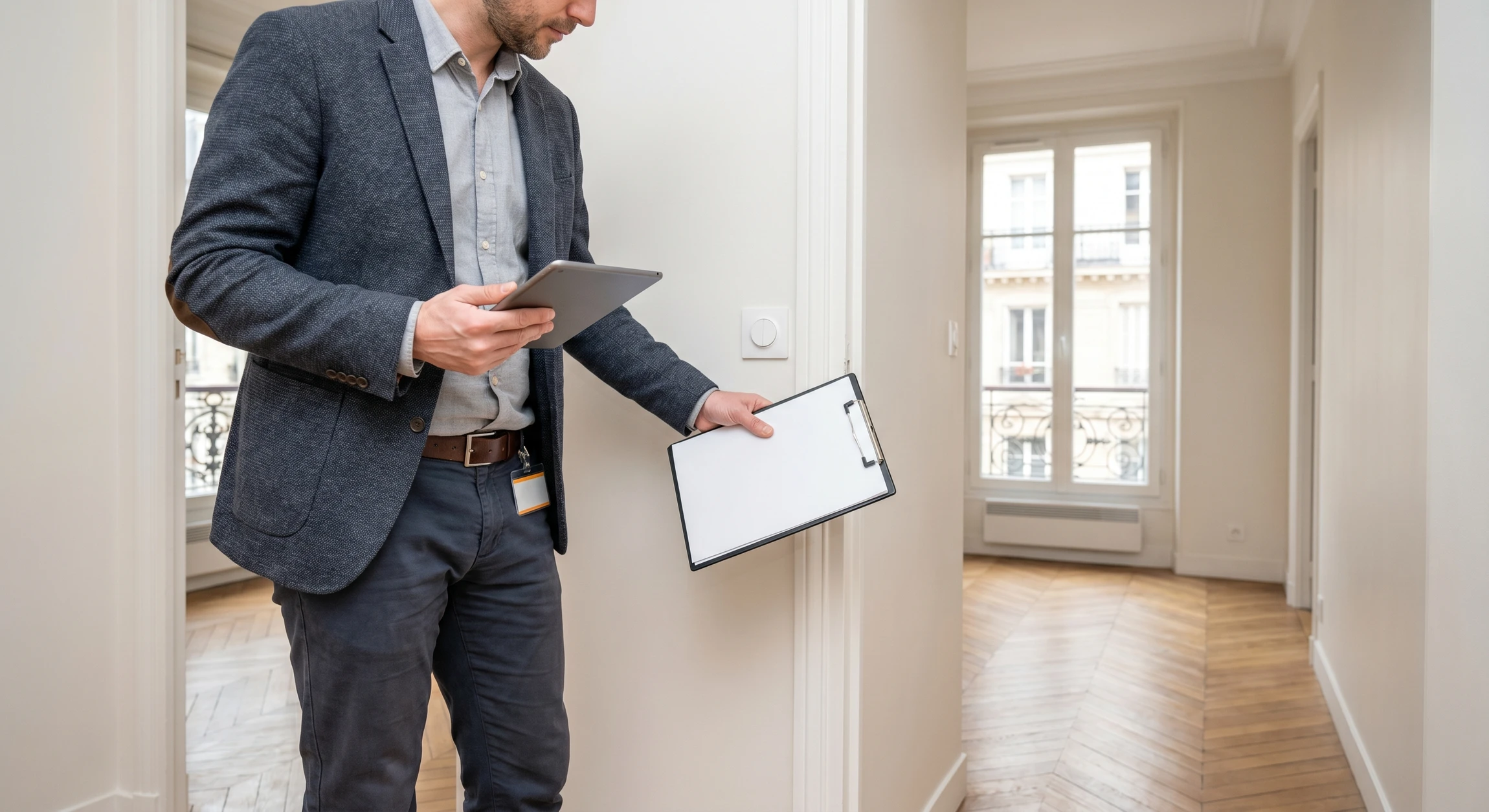 Personne en pull beige consultant des documents immobiliers sur un bureau, maquette de maison miniature avec toit bleu visible en arrière-plan, ordinateur portable ouvert, environnement de travail professionnel lumineux