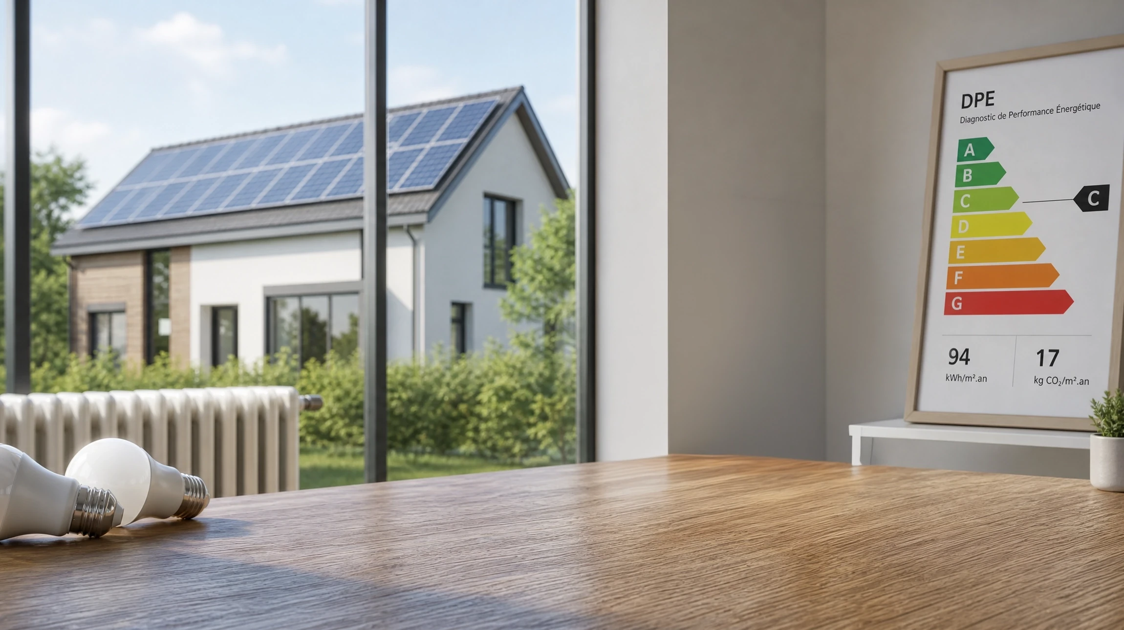 Scène d'intérieur montrant une ampoule LED basse consommation posée sur un document d'étiquetage énergétique européen