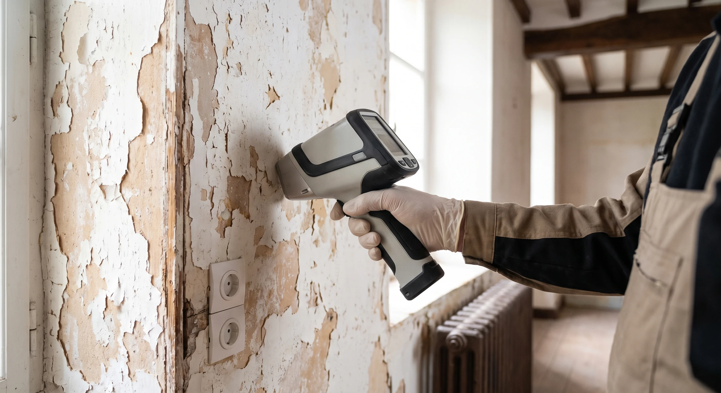 Diagnostiqueur tenant un analyseur à fluorescence X compact, effectuant une mesure de présence de plomb sur une peinture murale intérieure écaillée d'une maison ancienne. L'appareil portable est pointé vers le mur, les mains du professionnel sont visibles, vêtu d'une tenue de travail standard. Vue en gros plan sur l'action de mesure et le support peint.