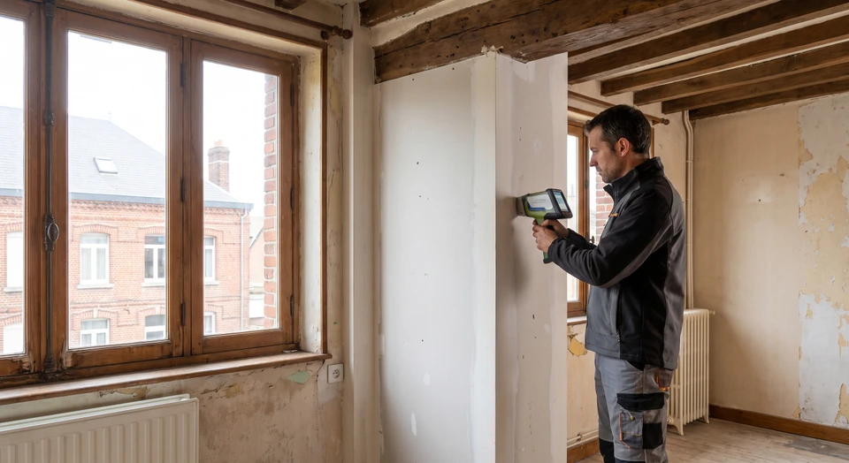 Diagnostiqueur portant des vêtements professionnels inspectant une plaque de plâtre peinte d'un mur intérieur d'une habitation, à l'aide d'un appareil de détection du plomb portable tenu en main, dans une pièce résidentielle ancienne éclairée naturellement.