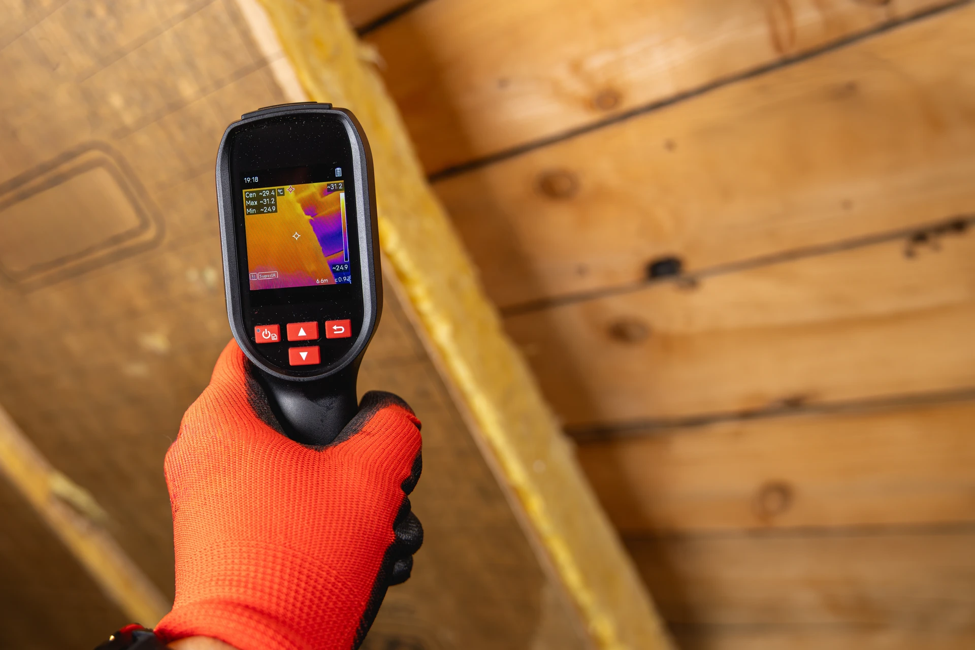 Intérieur résidentiel avec personne utilisant une caméra thermique infrarouge pour analyser les déperditions de chaleur près d'une fenêtre