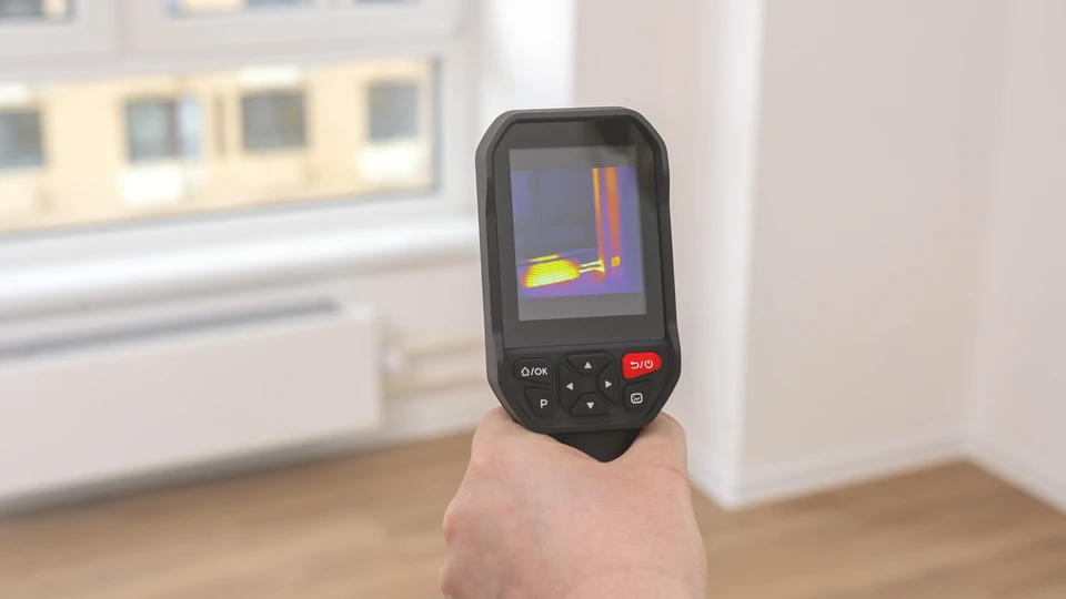 Un technicien en combinaison bleue effectue une maintenance sur une chaudière domestique ouverte, utilisant un appareil de mesure électronique avec écran vert