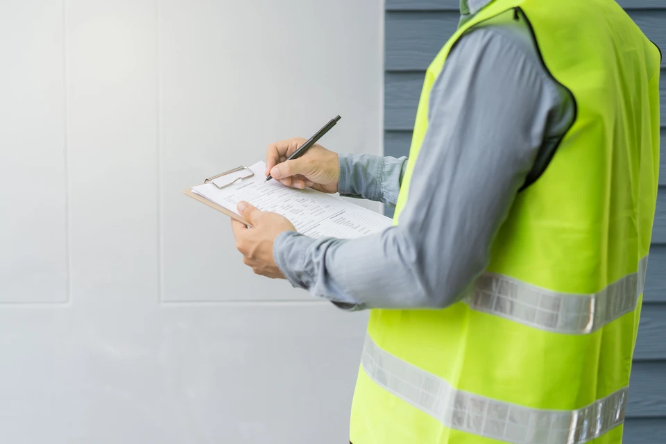 Deux inspecteurs en bâtiment examinent un plafond endommagé par l'humidité dans un local intérieur